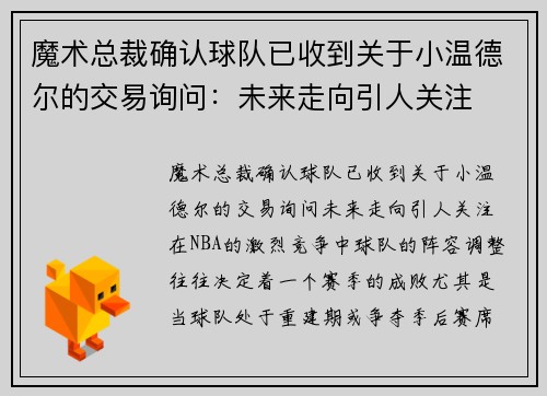 魔术总裁确认球队已收到关于小温德尔的交易询问：未来走向引人关注