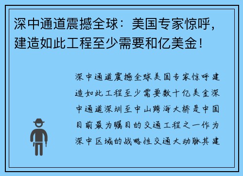 深中通道震撼全球：美国专家惊呼，建造如此工程至少需要和亿美金！