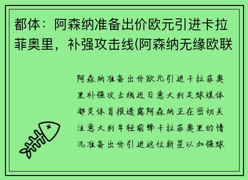 都体：阿森纳准备出价欧元引进卡拉菲奥里，补强攻击线(阿森纳无缘欧联)