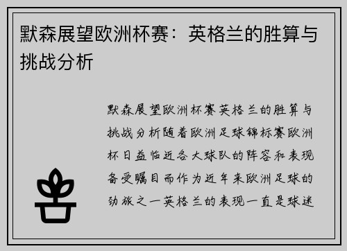 默森展望欧洲杯赛：英格兰的胜算与挑战分析